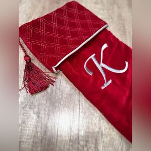 Burgundy Velvet Stocking with Silver Initial K and silver piping
